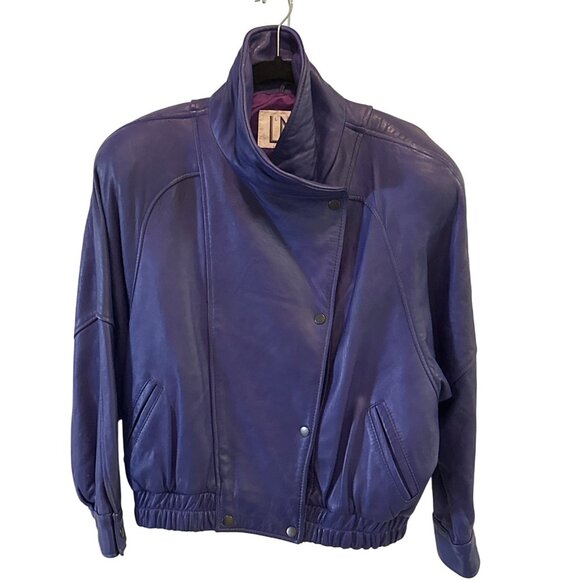 LNR Size M Vintage Cobalt High Collar Genuine Leather Jacket Snap Front Womens - Picture 3 of 11